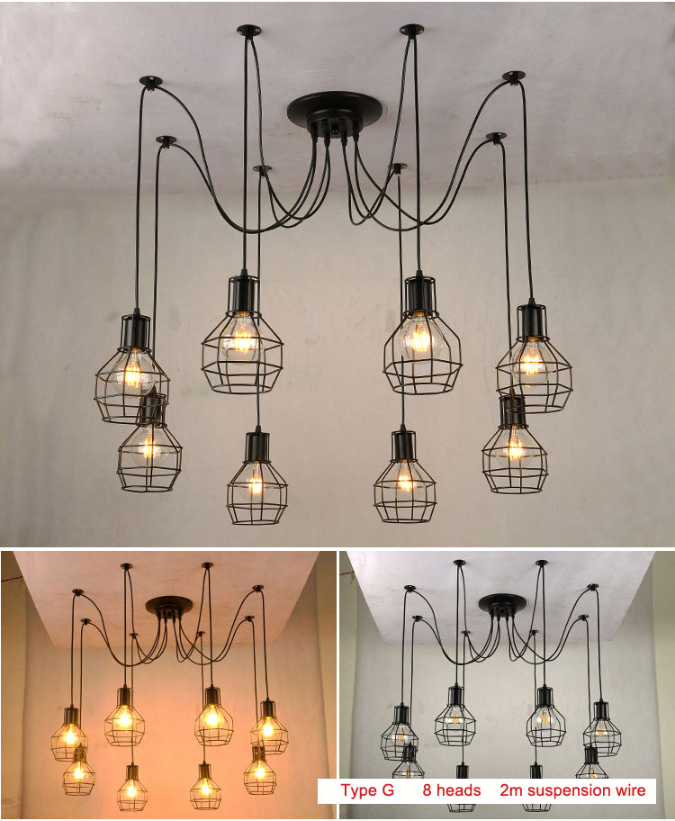 Retro Loft Industrial Chandelier Adjustable E27 Multi Head Lamps Restaurant metal lamp(WH-VP-225）