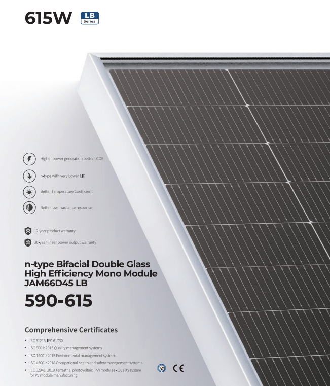 JA Solar Panels JAM66D45 LB 590W 595W 600W 605W 610W 615W n-type Bifacial Double Glass