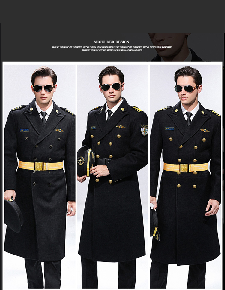 Property Security Work Uniform 100% Cotton Aviation Captain Black Woolen Coat for Men