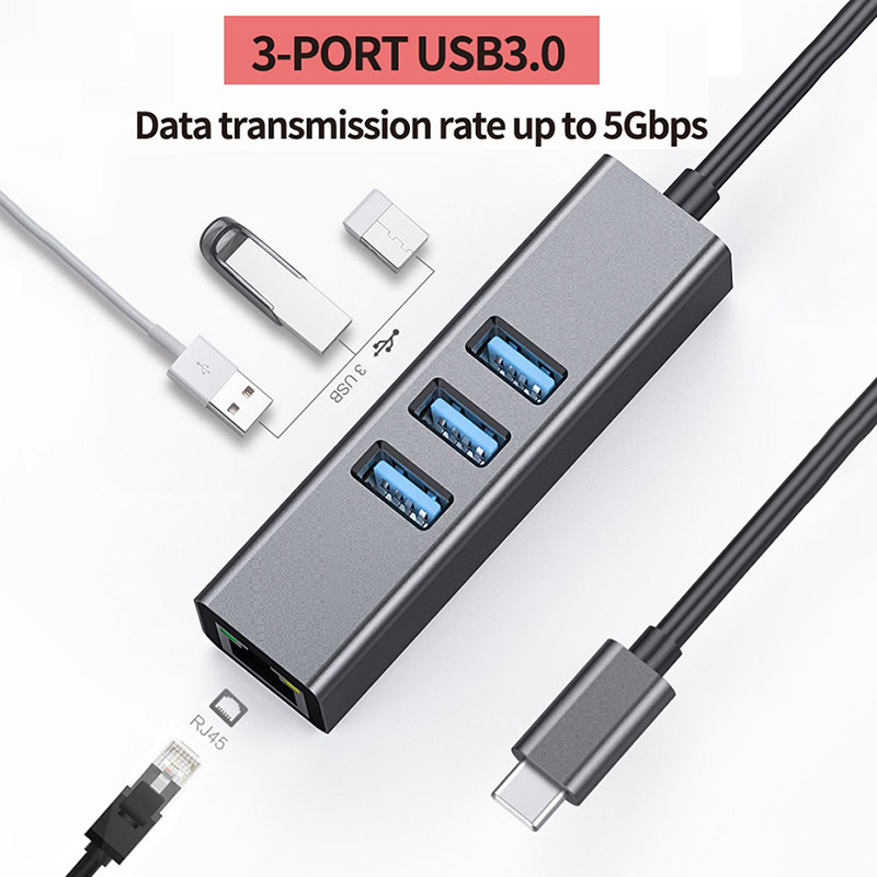 USB 3.1 Type C to 9 Ports USB3.0 Hub with Gigabit Ethernet RJ45 Lan Port Adapter Gray