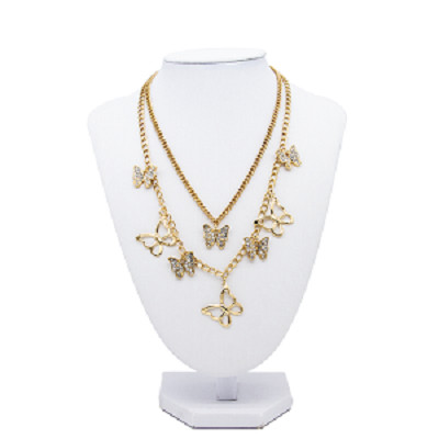 Layered Custom Fashion Chain Necklace Transparent Rhinestone Butterfly Gold Alloy