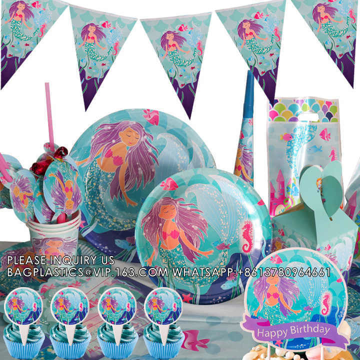 Mermaid Birthday Party Supplies Gift Bag Invitation Card Tableware Set Cake Toppers Mermaid Tableware Supplies