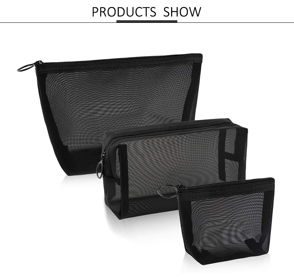 3 Pieces Zipper Closure Black Mesh Makeup Bags For Travel
