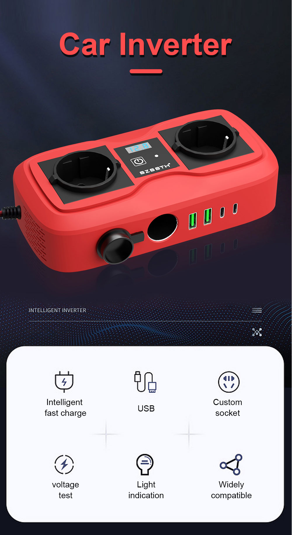 SDK Network SZSSTH DC 12V To 220V 230V 240V AC 2AC Outlet 2USB Port 200W Socket GaN PD Fast Charger Car Power Inverter
