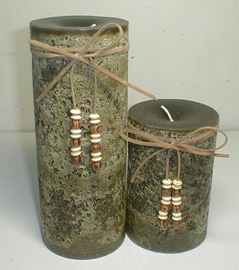 Dark green unscented big paraffin candle tied by hide rope and decor wooden beads decoration