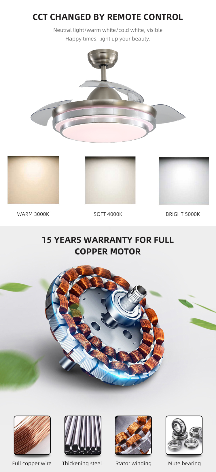 Super Bright 5000K 65W 42 Inch Flush Mount Ceiling Fan With Light retractable