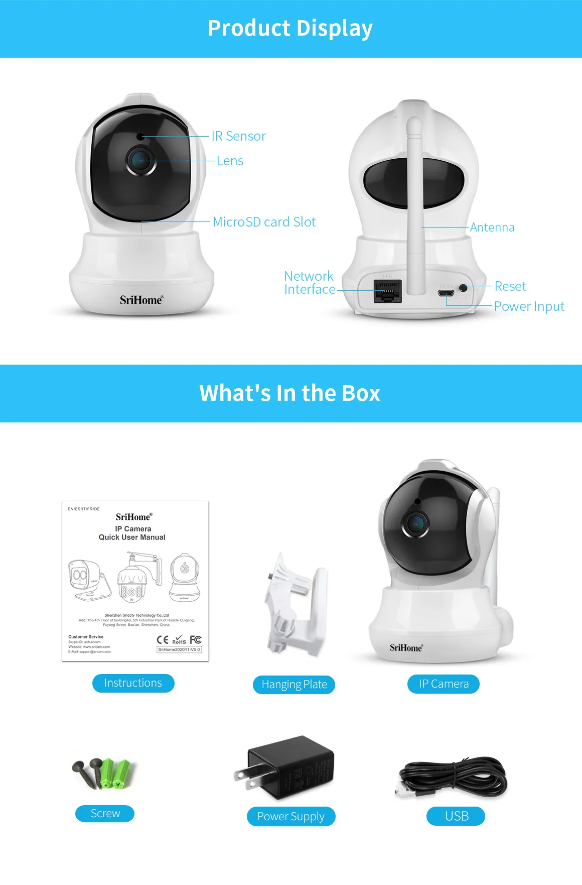 SriHome 3.6mm Lens SD Card Motion Detection Alarm Two-Way Audio IP CCTV Wireless WIFI Security Camera