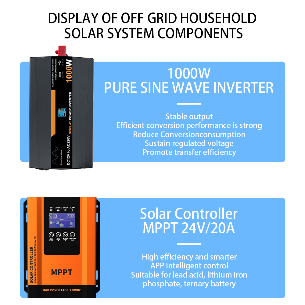Off Grid Solar Power Generation System 1KW Hybrid GEL Battery Solar Energy For Residential