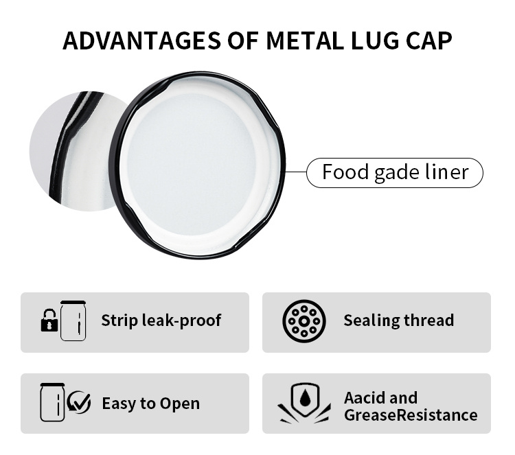 Free Sample 38mm 43mm 48mm 53mm 58mm 63mm 70mm 82mm Wide Mouth Tinplate Metal Lug Cap for Canning Jar