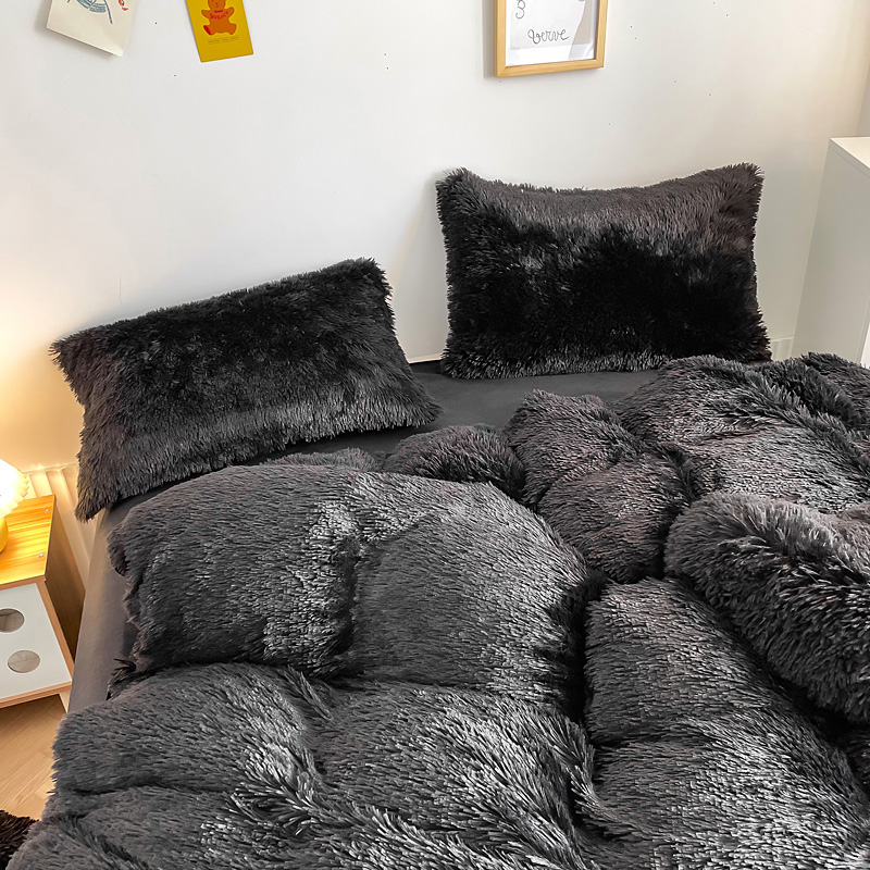 Warm Mink Velvet Crystal Bedding Solid Duvet Cover Set for Winter Dazzling Black Color
