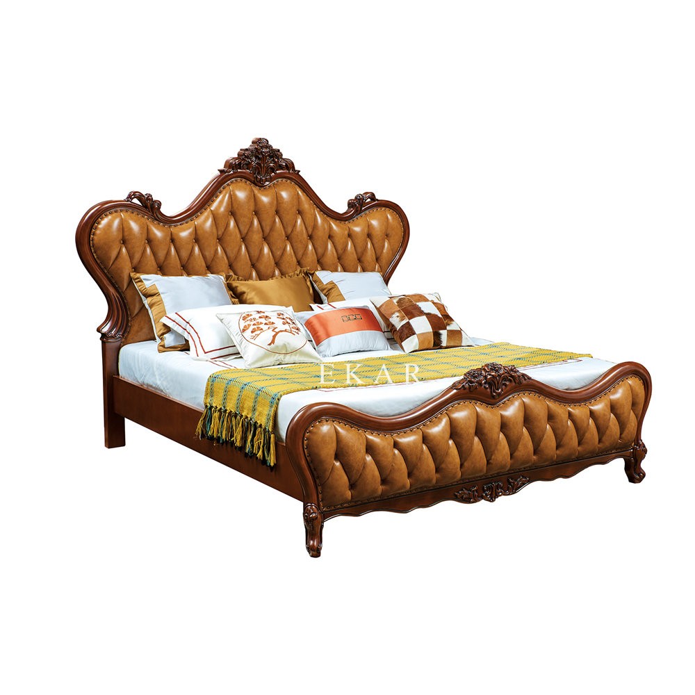 Oak Wood Frame Antique Carving Upholstered Wooden Divan Bed