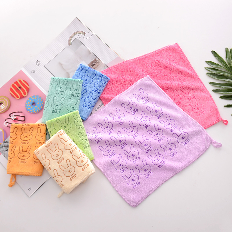 Square Kids Bath Towel Set 3 Pcs Towels with Cartoon Rabbit Print and Polyester Fiber