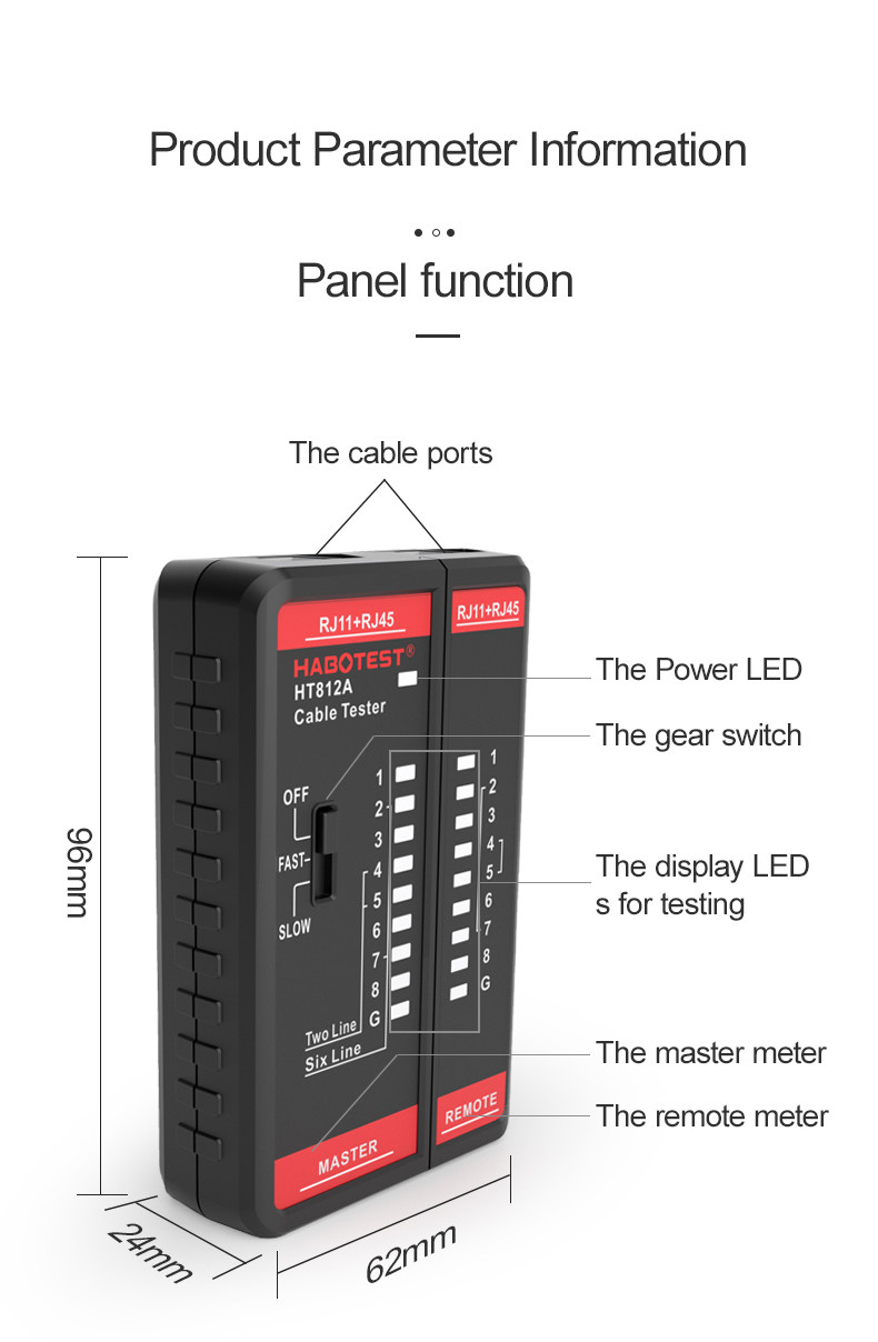HABOTEST HT812 Network Cable Tester RJ11 RJ45 Dual-use Tester LED Status Display NC/HDMI Repair
