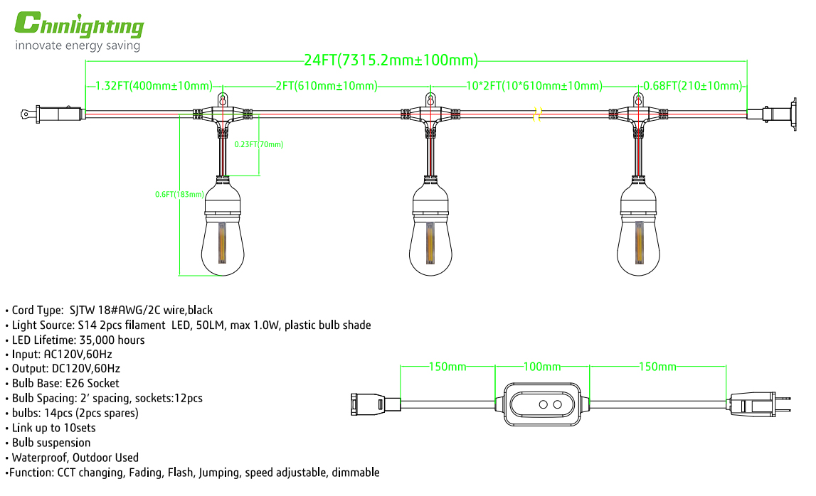LED Christmas Light String Festival Decoration Waterproof IP65 S14 3500K Dimmable Connectable Remote Control Edison Light
