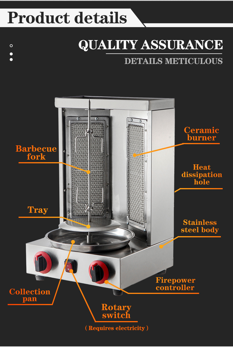 2 in1 Automatic Rotating Doner Kebab Machine for LPG 2800Pa 37x37.5x53.5cm Packing Size