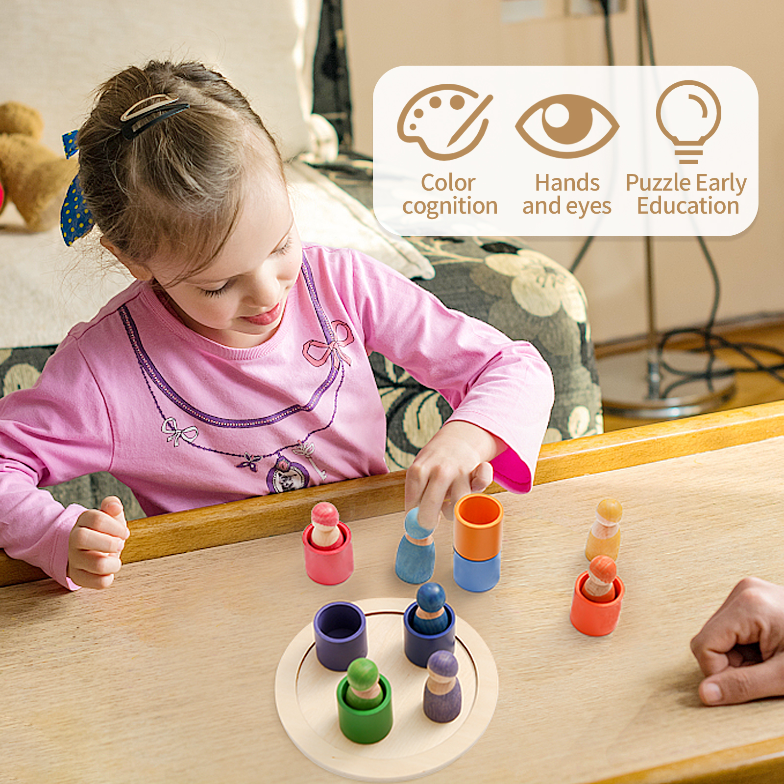 Montessori Educational Wooden Rainbow Block Counting Game Puzzle Kids