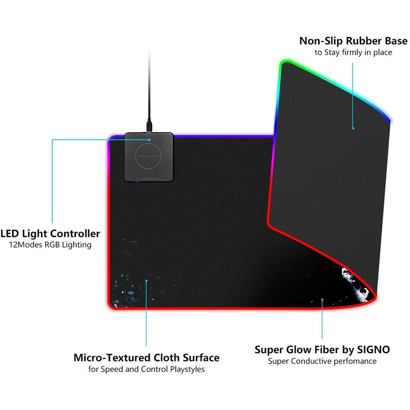 LED PU 15W Wireless Charging Keyboard Mat Soft Extended Mousepad