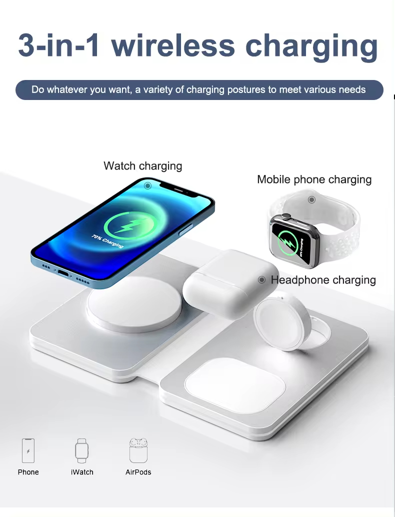 3 in 1 Wireless Charger Station for Mobile Phone , Foldable 15W Magnetic Charger 2024