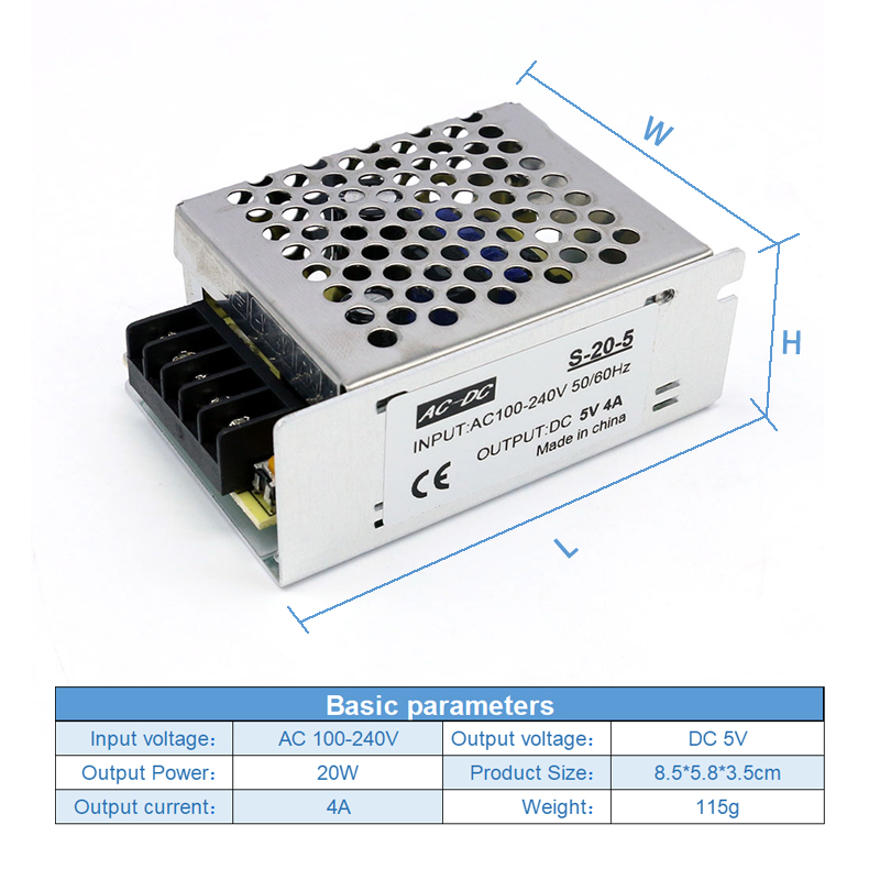 20W 5V DC Switching Power Supply Aluminum Case 100-240V AC to DC 5V 4A LED Strip Light Driver