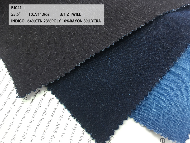 Hot selling 64%COTTON 23%POLY 10%RAYON 3%SPANDEX 10.7/11.9oz stone washed denim fabric for jeans