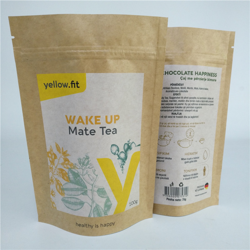 Heat Sealing Milk Tea Powder Packaging Bag Stand Up Gusset Pouch Kraft Paper Food Bags With Resealable Zipper