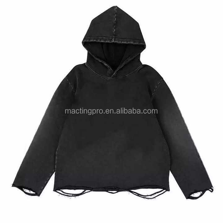 Dtg Pullover Hoodie Acid Wash Distressed Ripped Raw Hem Crop Hoodie Men Needle Detection Fabric 500grams