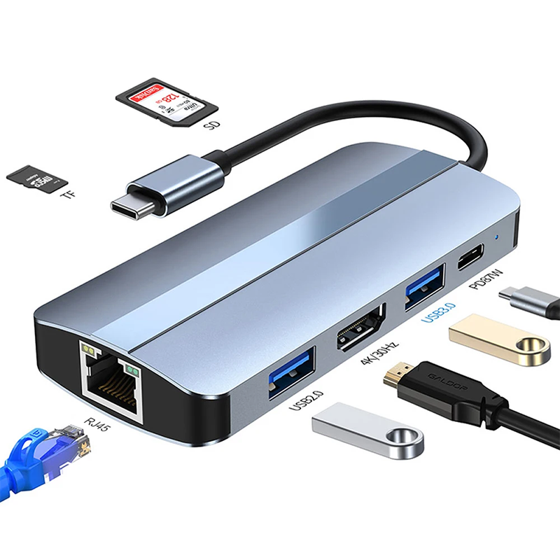 7 In 1 USB C USB-C Hub For Macbook Gray HDMI USB 3.0 USB2.0 RJ45 SD/TF Card Reader PD Output