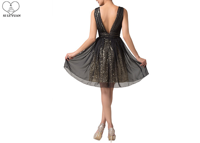 V Collar Chiffon Short Length Prom Dresses , Short Evening Gowns Gold Sequin