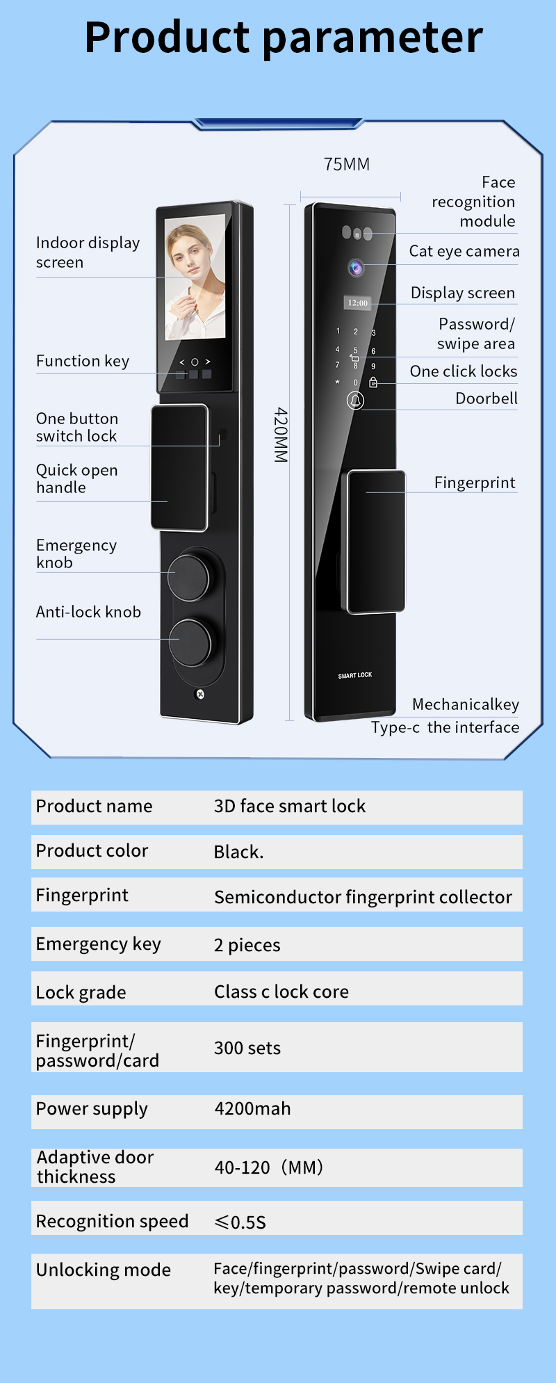 Digital 13 Languages Face Door Lock Tuya App With Video Intercom