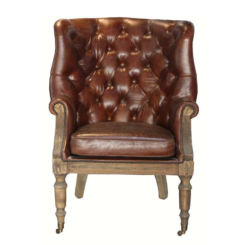 Button Wingback Chair Antique Leather Armchairs With Deconstructed Wheels