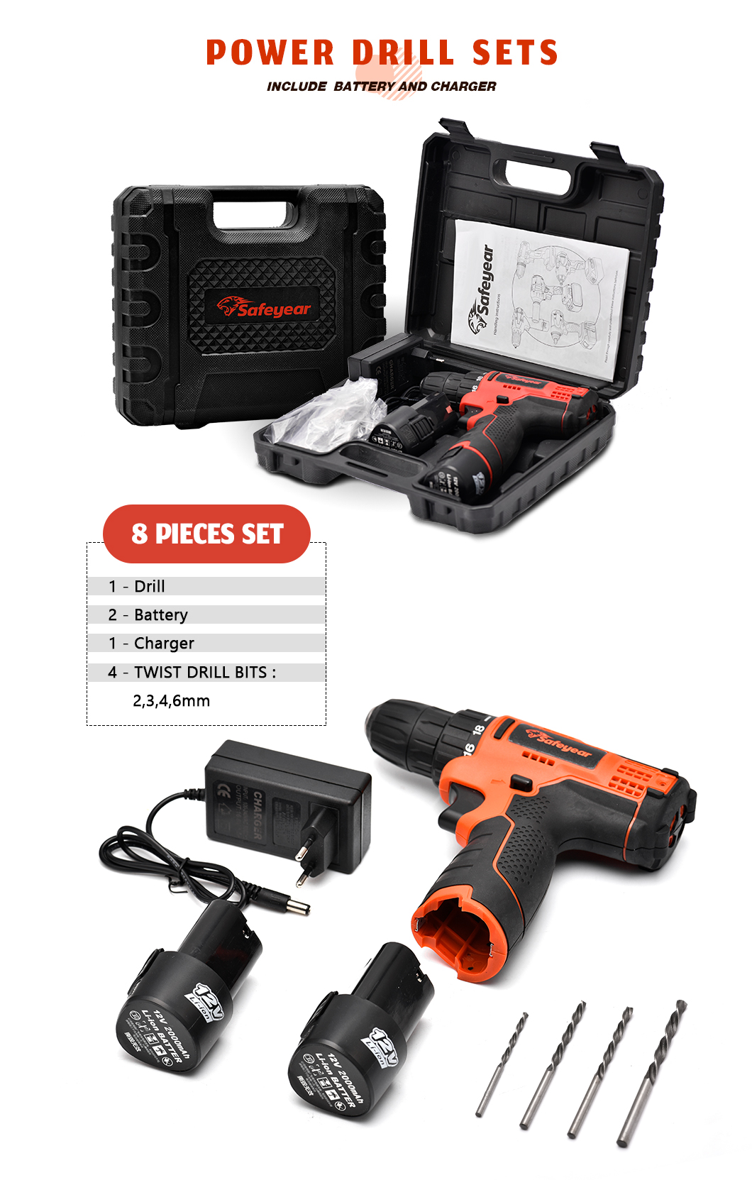 25N.M Drill Set Cordless Handheld Power Drills 12v Cordless Electric Screwdriver Set
