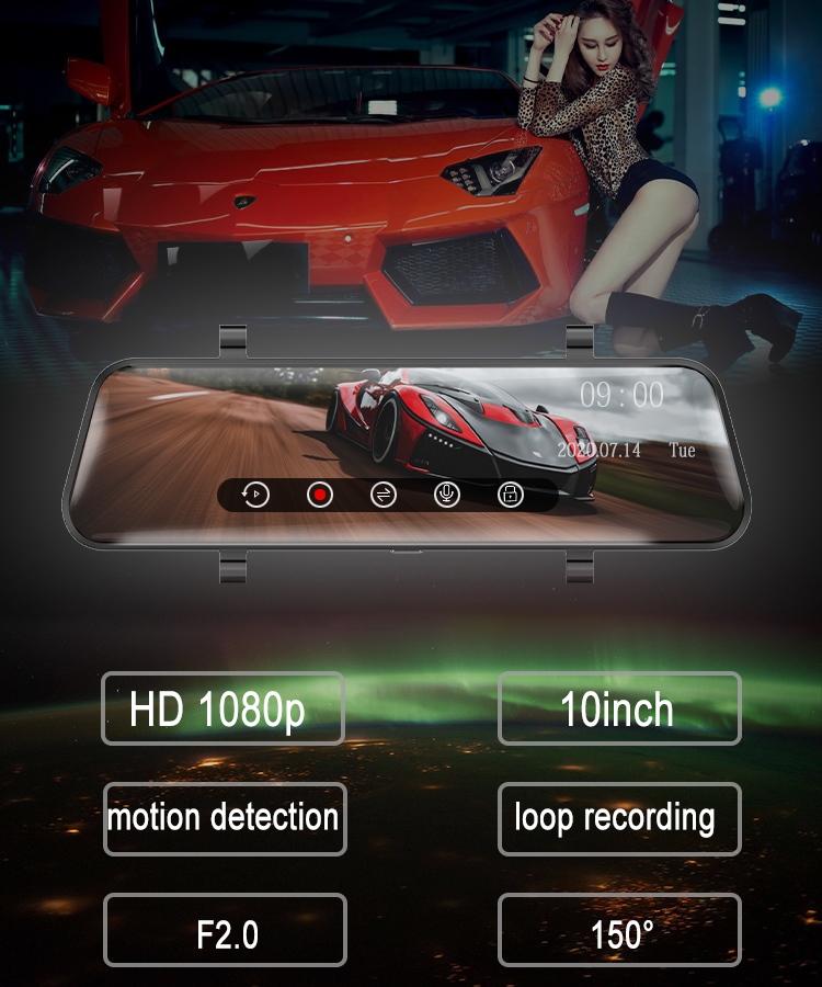1080p 10inch F2.0 Dual Car DVR Dash Cam IPS Full View Touch Night Vision