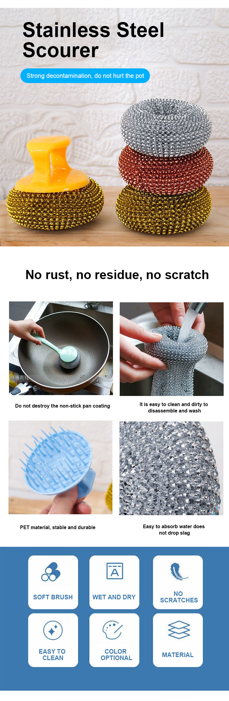 Commercial Kitchen Cleaning Scourer Restaurants Stainless Steel Scrubber With Handle