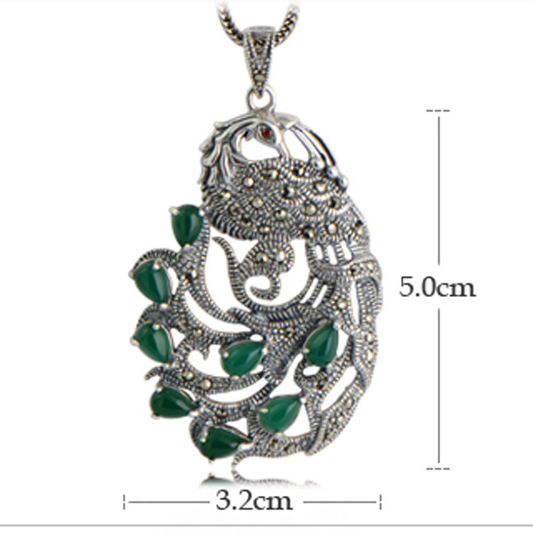 Vintage Thai Sterling Silver Green Agate with Marcasite Peafowl Pendant Necklace(N017961W)