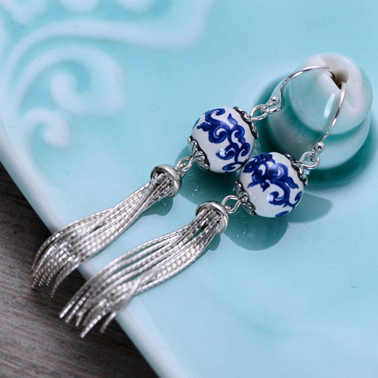 Fashion Ceramic Bead Sterling Silver Tassels Earrings(054268)