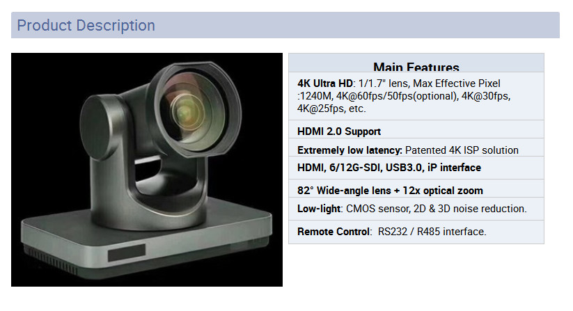 12x zoom USB 3.0 HDMI 4K usb ptz camera for video conferencing with 82 degee wide angle lens