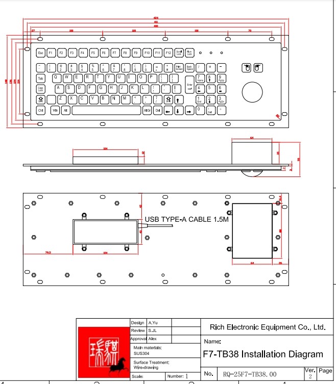 IP65 / IK07 Panel Mount Keyboard F7-TB38 With 38mm Stainless Steel Trackball