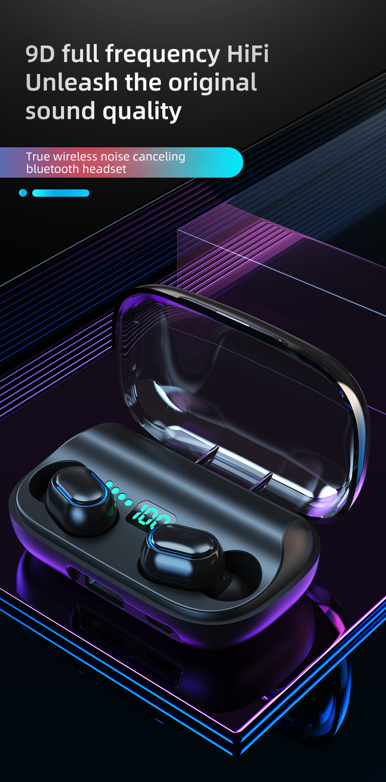 3.7V 1800mAh Charging Case Bluetooth Earphones For Running 9D HIFI