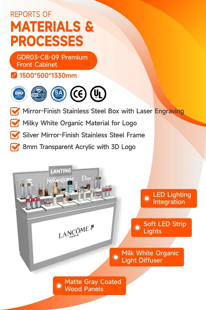 GDR03-CB-09 Premium Front Cabinet With Mirror Stainless Steel And Screen Printed Black Lines For Fashion Boutiques