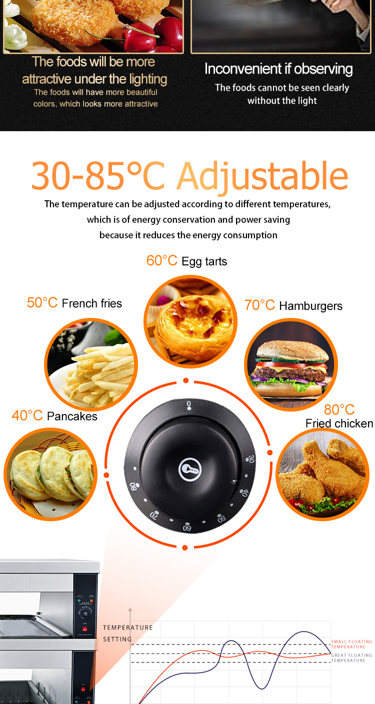 Restaurant Design Multi-functional Food Warmer Display Counter with 30-85C Temperature
