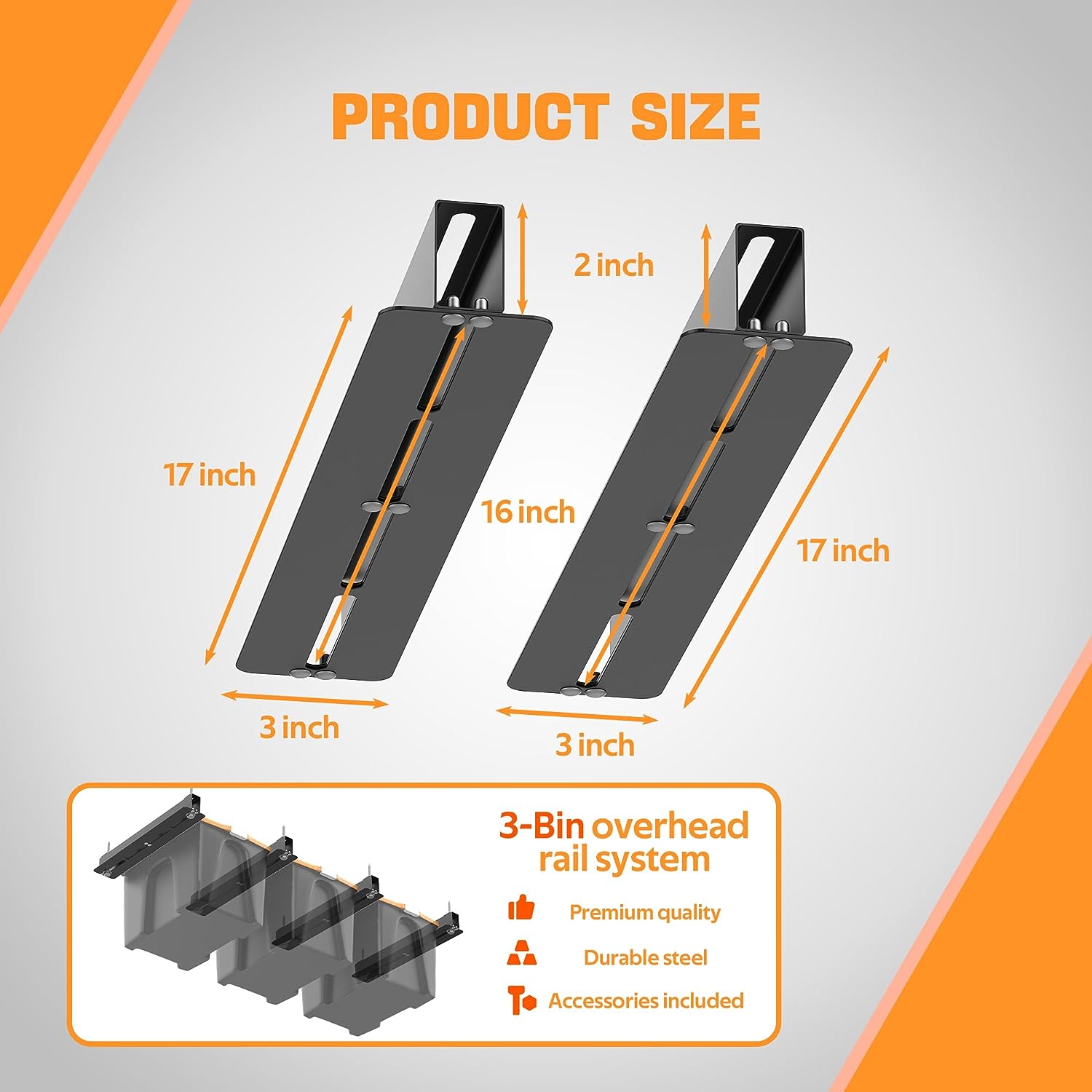Adjustable Width Overheard Tote Storage Rail System for Garage Ceiling Bin Storage Rack