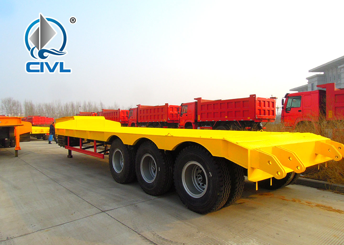 50 Tons Low Bed Semi Trailer , 3 Axles Flat Low Flatbed Trailer Manual Transmission