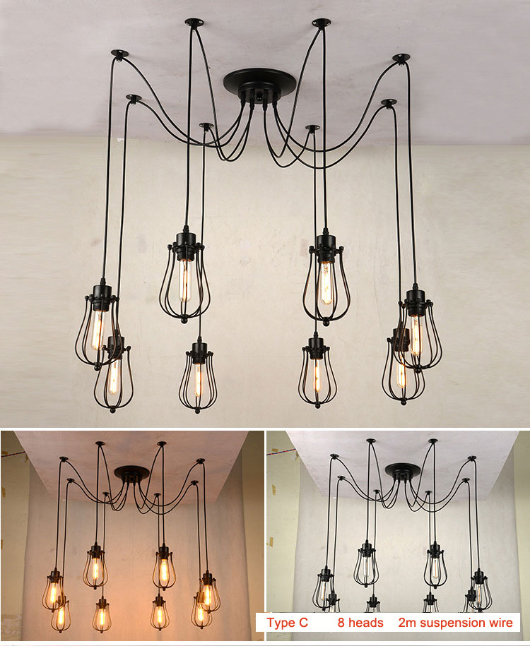 Retro Loft Industrial Chandelier Adjustable E27 Multi Head Lamps Restaurant metal lamp(WH-VP-225）