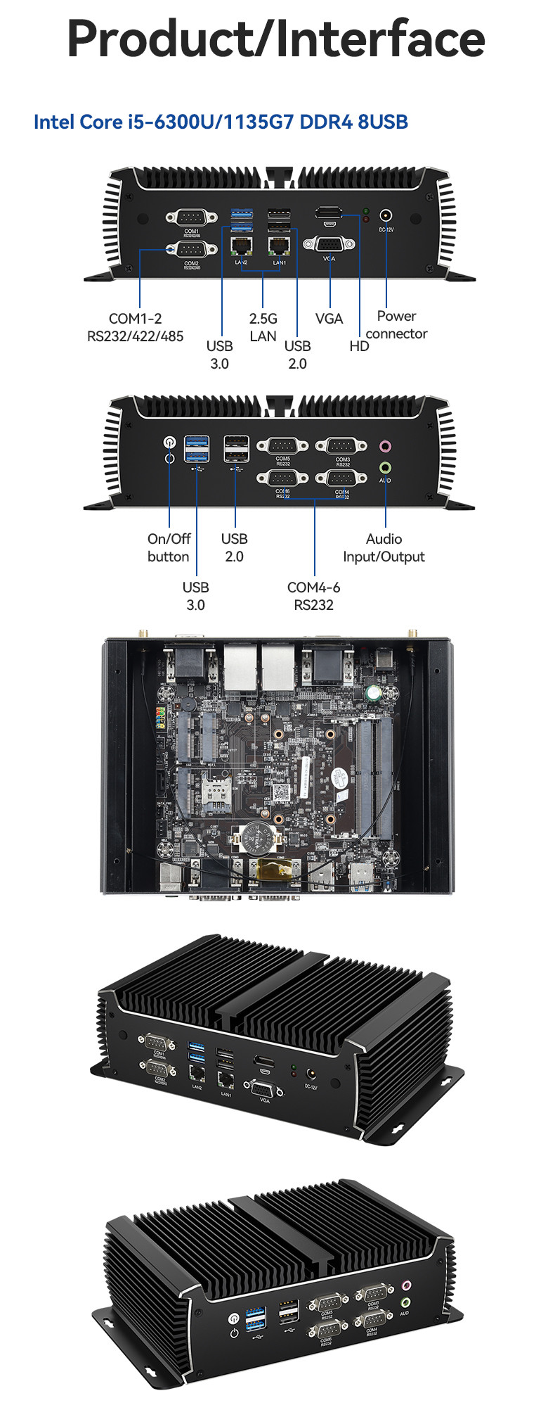 Black Fanless Industrial PC Mini Computer Intel Core Dual LAN Dual Display Asynchronous Output 1135G7U