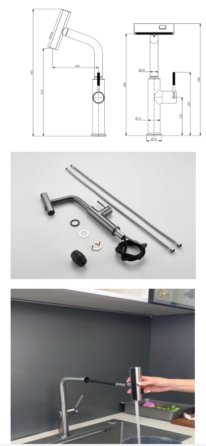 Anti-lock Braking Device Hot And Cold Digital Display Kitchen Washbasin Faucet 3 Way Faucet