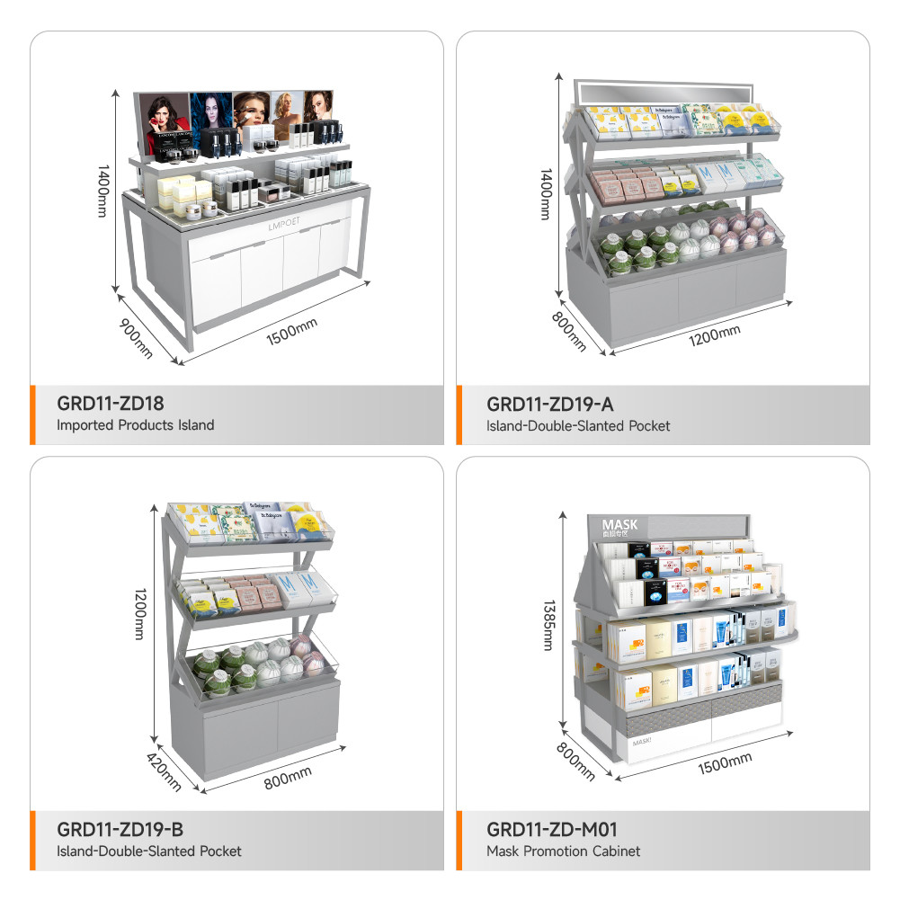 Retail Display Table Grey Wooden Island Cabinet For Compact Store Table And Fashion-Forward Store Display Furniture