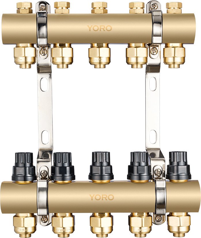 6111 Polished Brass Water Distribution Manifolds up to 12 Branches w/ Concealed Supply Flowrate Tuner & Dustproof Caps