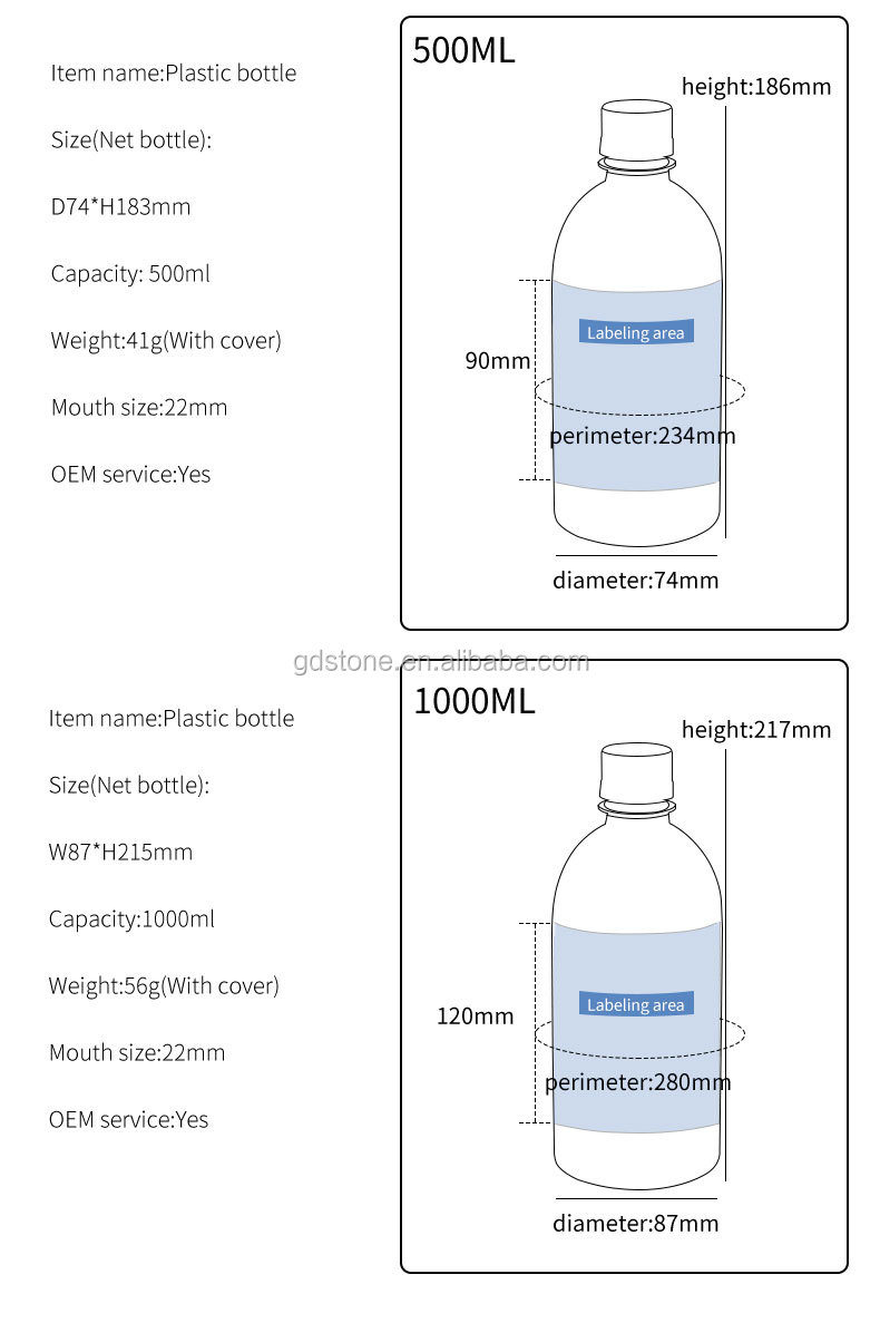 Shrink Sleeve 1000ml 500ml PET Screw Top Plastic Bottle 38g 51g