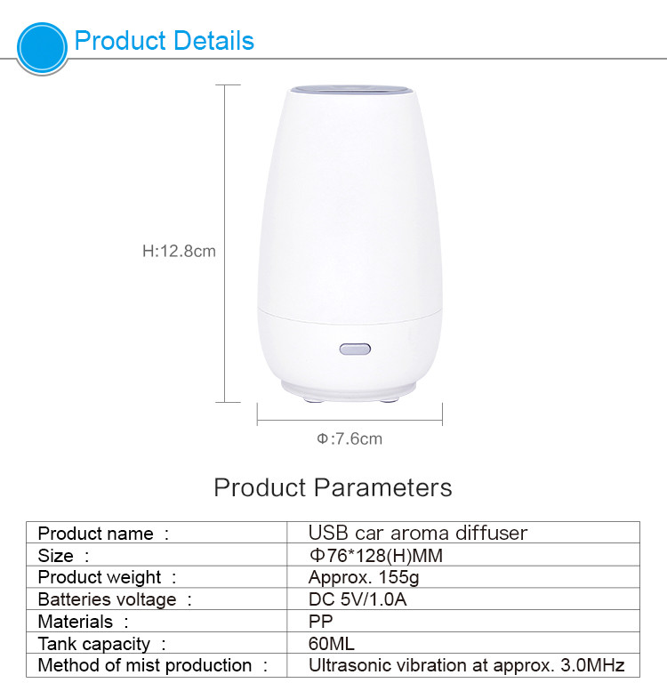 60ML Portable USB Plastic Aroma Diffuser With 7 Colors Night Light And Auto Shut-Off