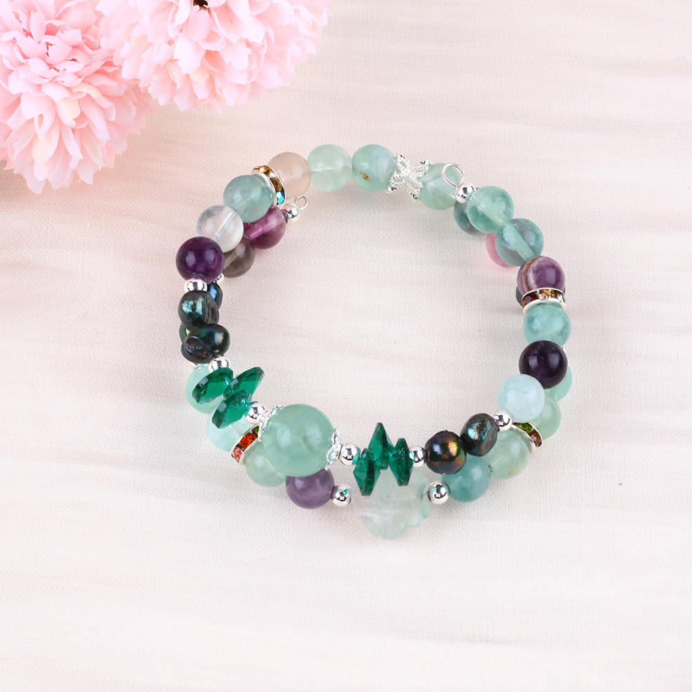 Custom DIY Fluorite Crystal With Fluorite Rose Flower Carving 8MM Round Bead Adjustable Bangle